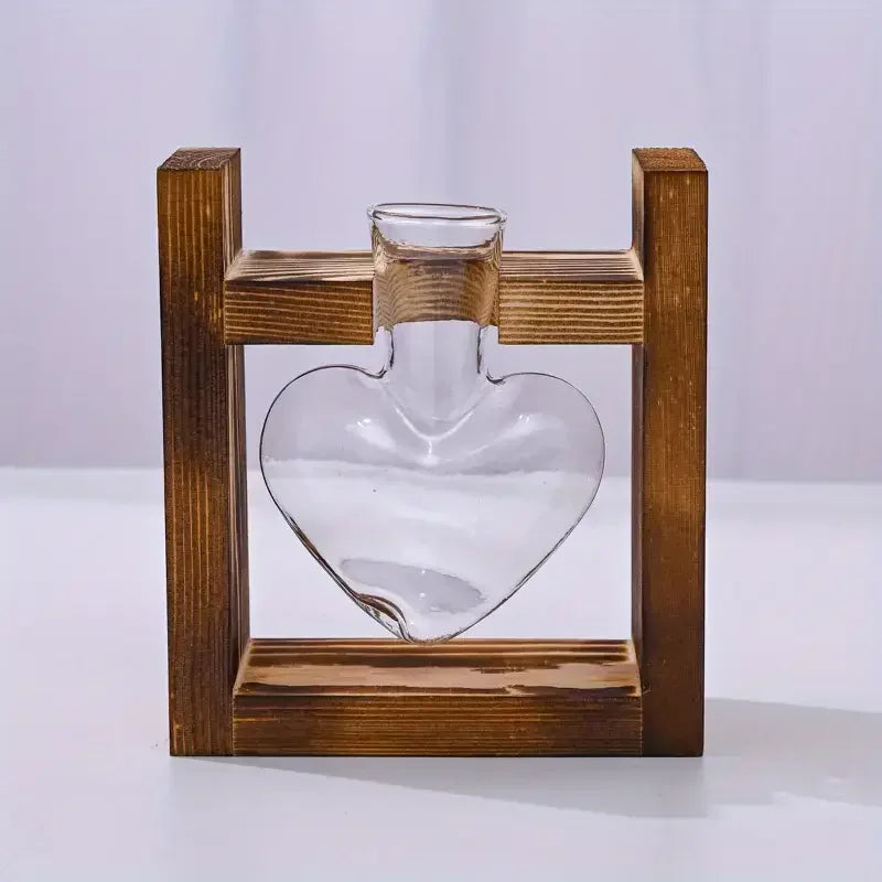 Heart-Shaped Hydroponic Glass Vase with Wooden Stand
