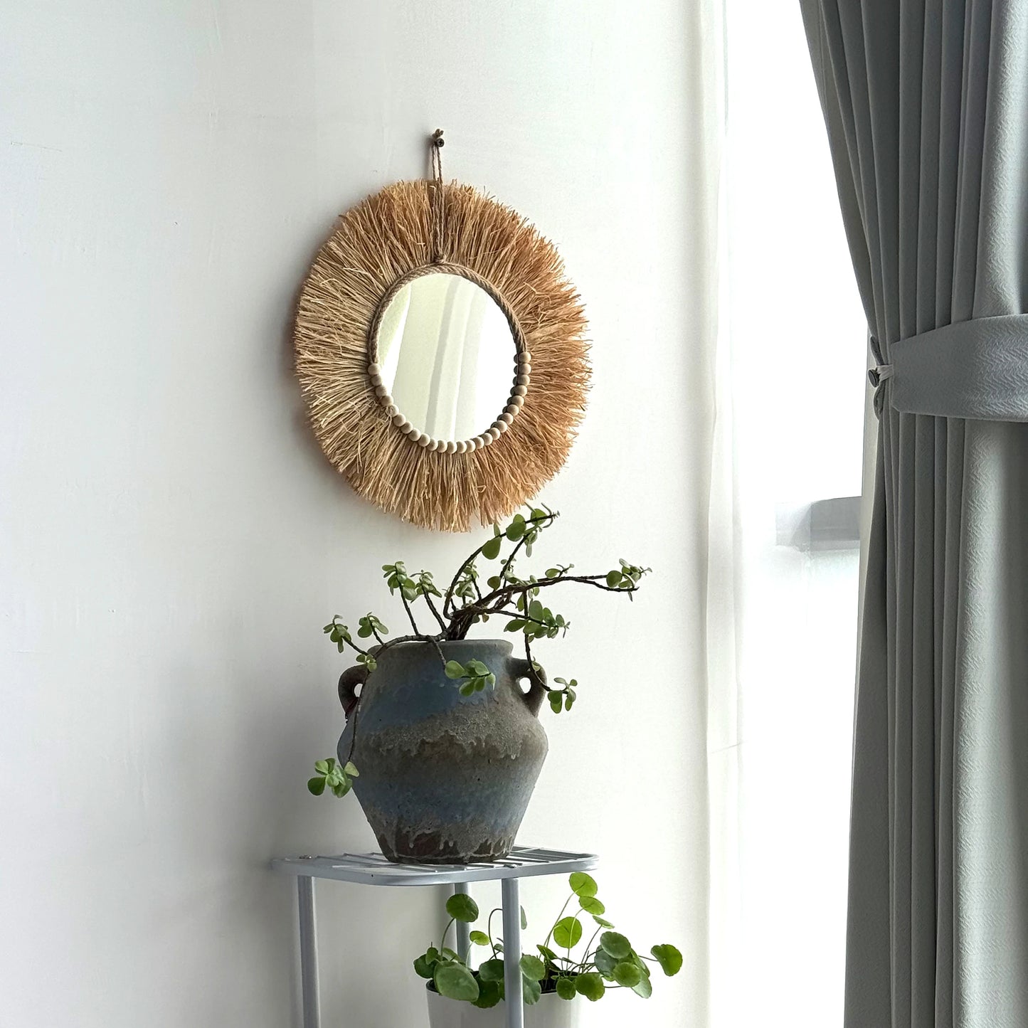 Natural Boho Mirror Wall Hanging – Handmade Raffia & Wood Bead Decor