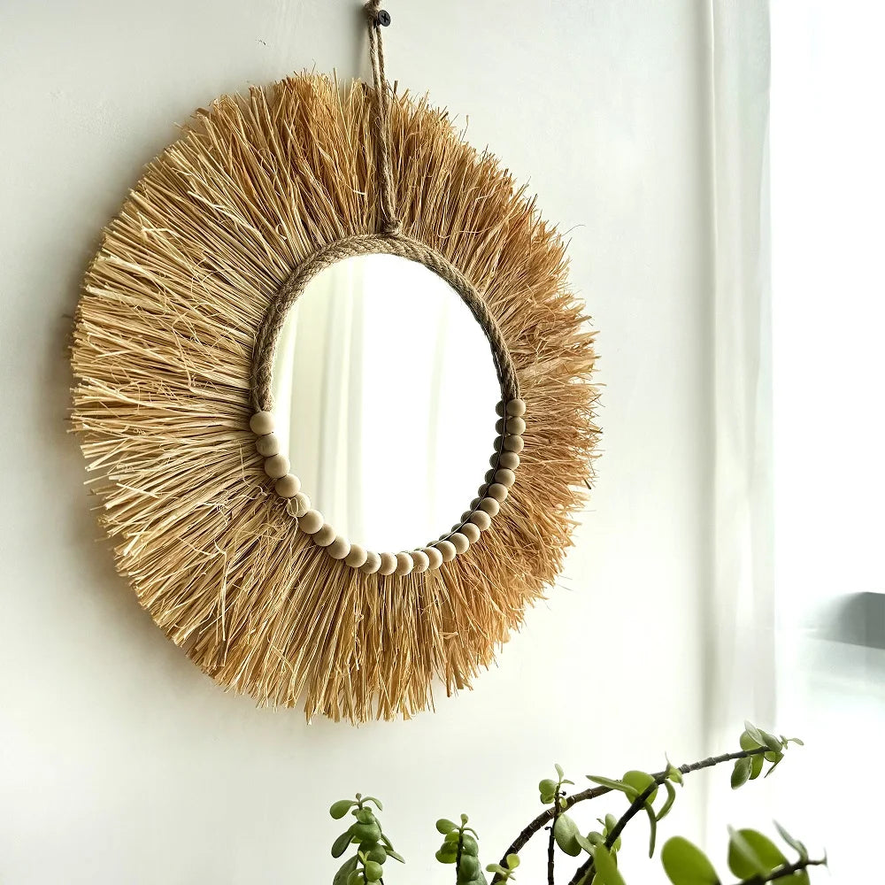 Natural Boho Mirror Wall Hanging – Handmade Raffia & Wood Bead Decor