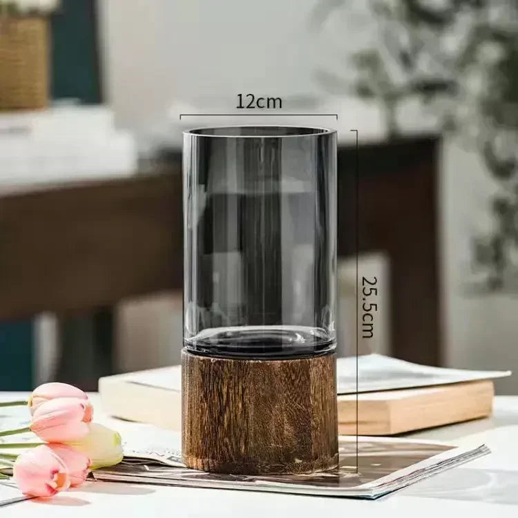European Style Hydroponic Glass Vase with Wooden Base