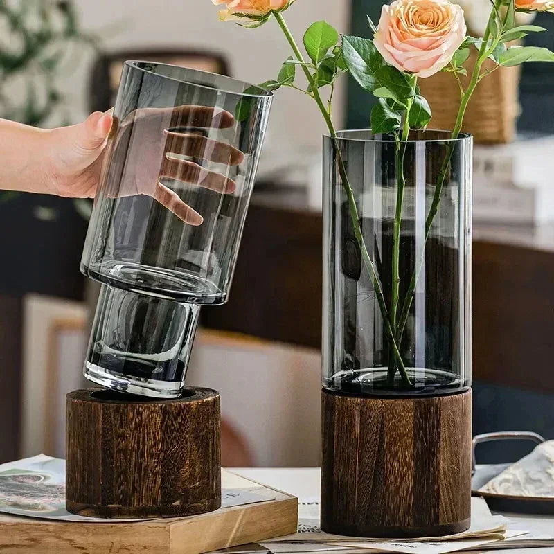 European Style Hydroponic Glass Vase with Wooden Base