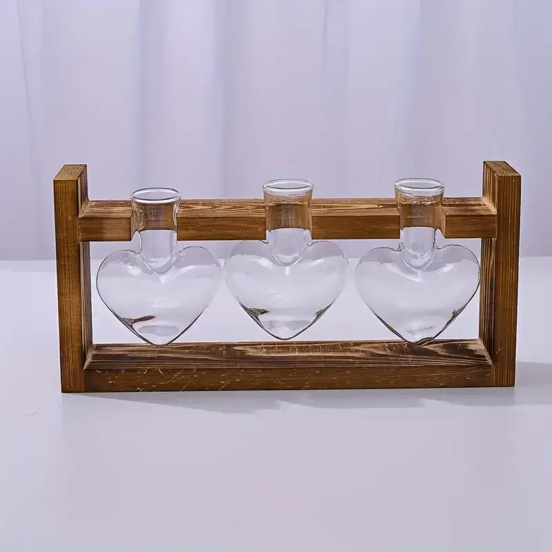 Heart-Shaped Hydroponic Glass Vase with Wooden Stand