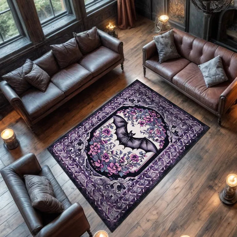 Gothic Bat Welcome Mat – Black & Wine Red Victorian Rug
