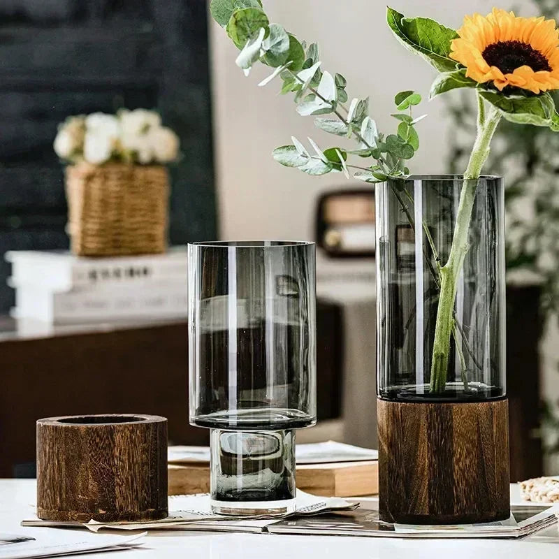 European Style Hydroponic Glass Vase with Wooden Base