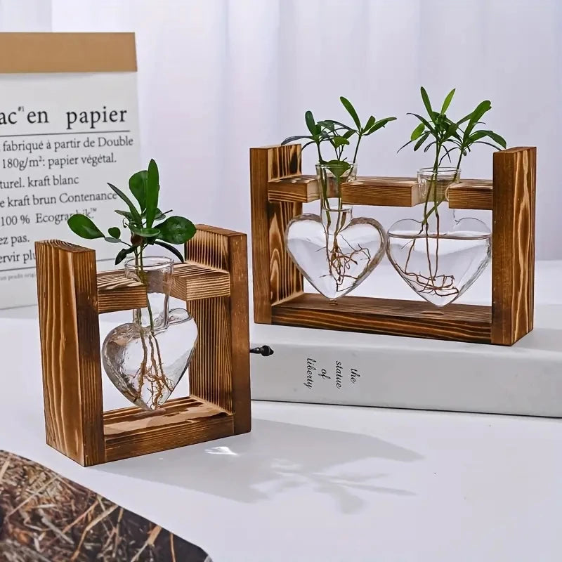Heart-Shaped Hydroponic Glass Vase with Wooden Stand