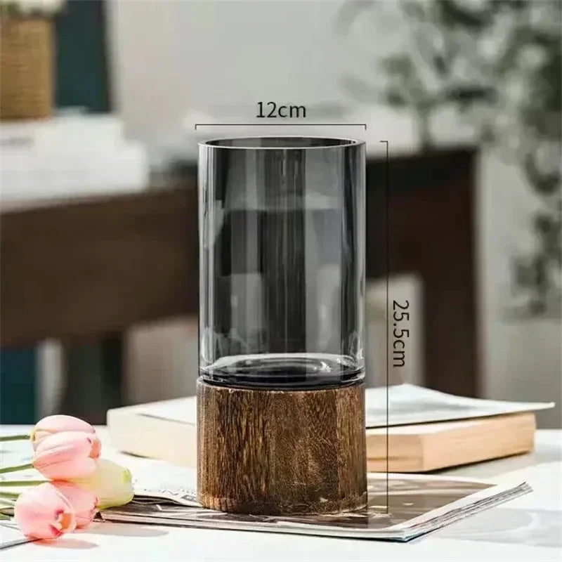 European Style Hydroponic Glass Vase with Wooden Base