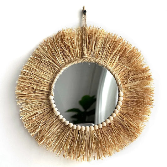 Natural Boho Mirror Wall Hanging – Handmade Raffia & Wood Bead Decor