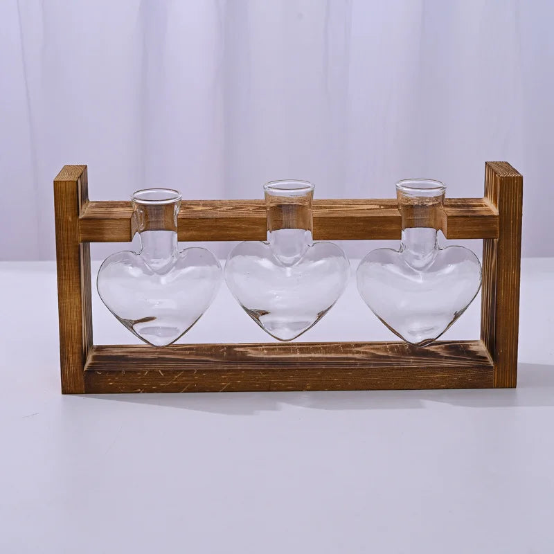 Heart-Shaped Hydroponic Glass Vase with Wooden Stand