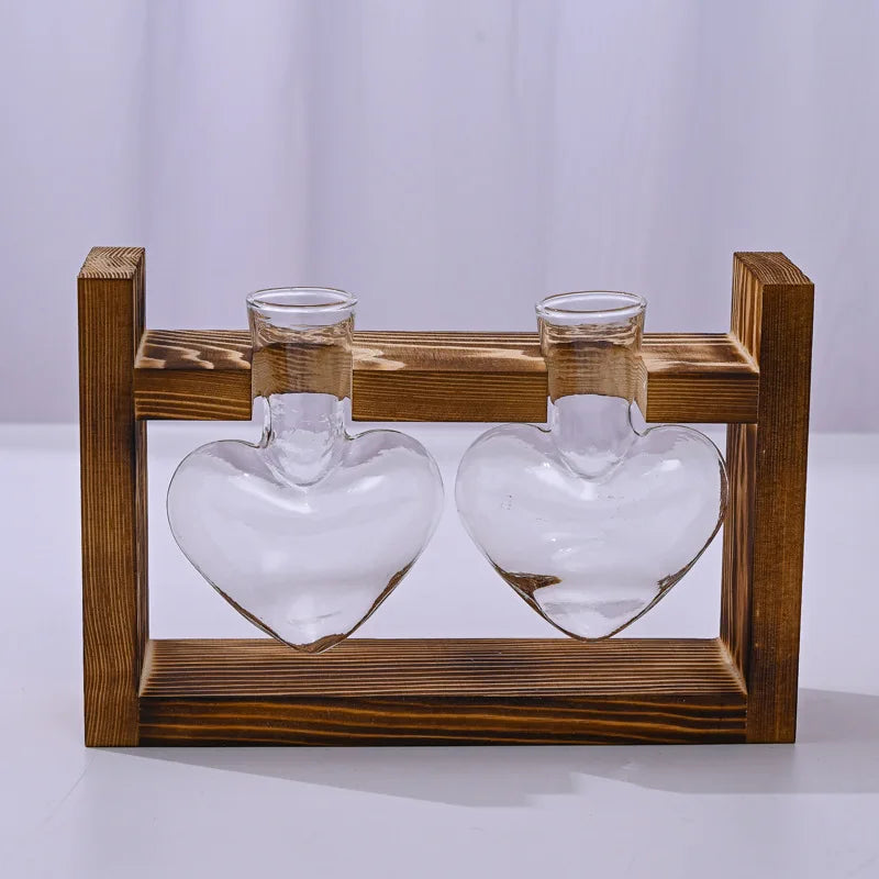 Heart-Shaped Hydroponic Glass Vase with Wooden Stand