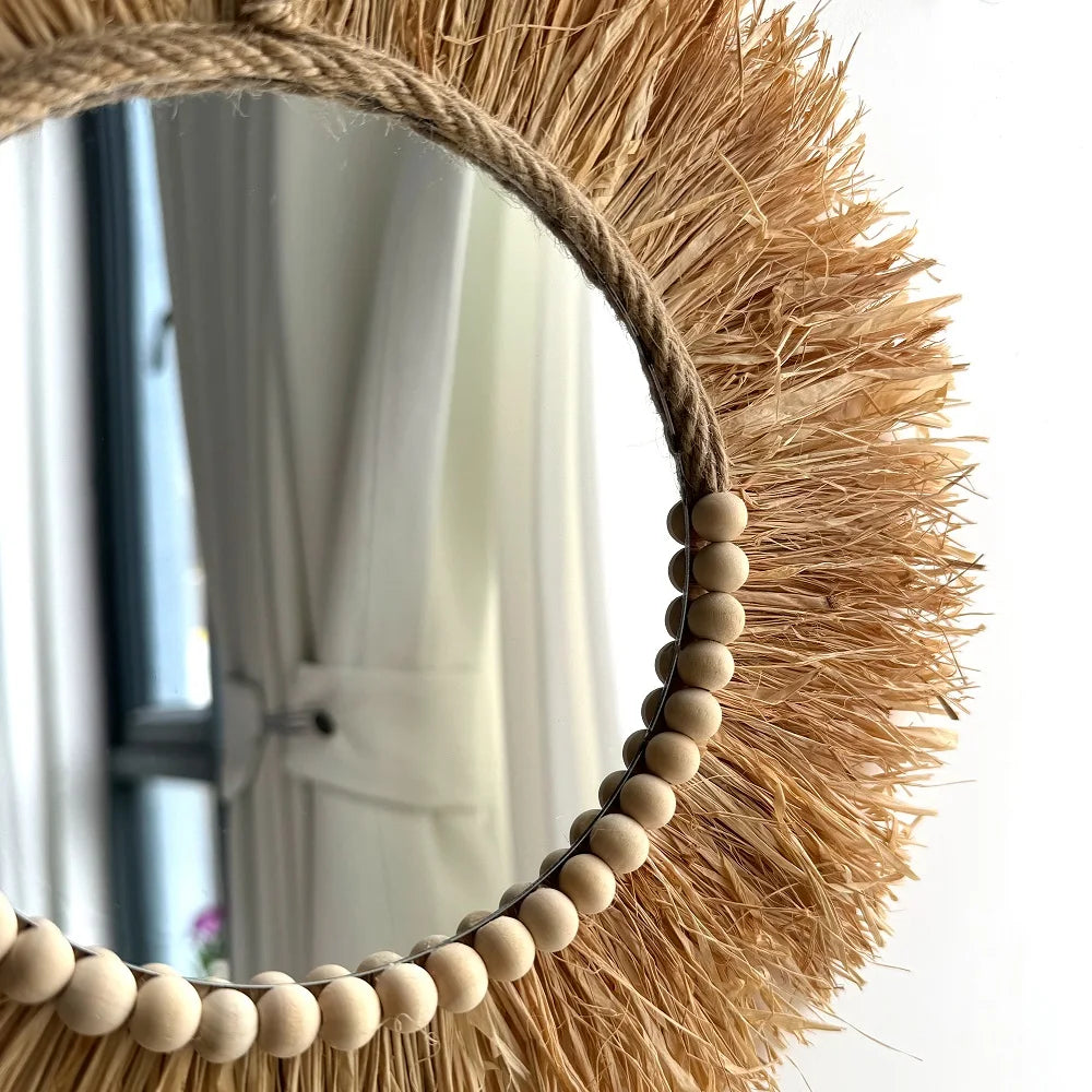 Natural Boho Mirror Wall Hanging – Handmade Raffia & Wood Bead Decor