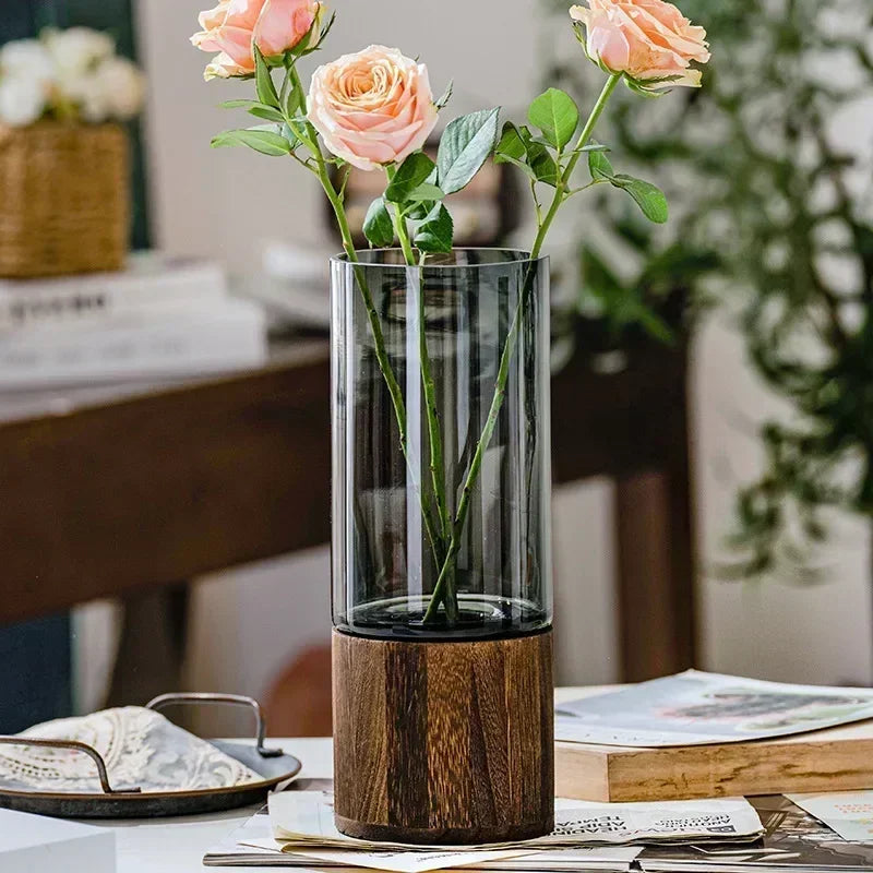 European Style Hydroponic Glass Vase with Wooden Base