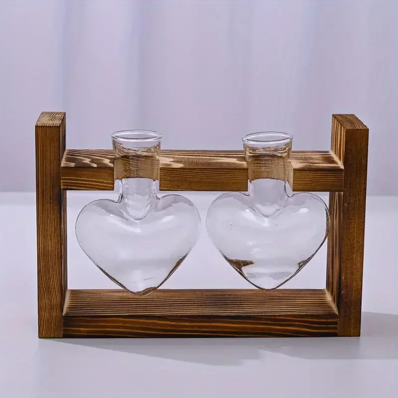 Heart-Shaped Hydroponic Glass Vase with Wooden Stand