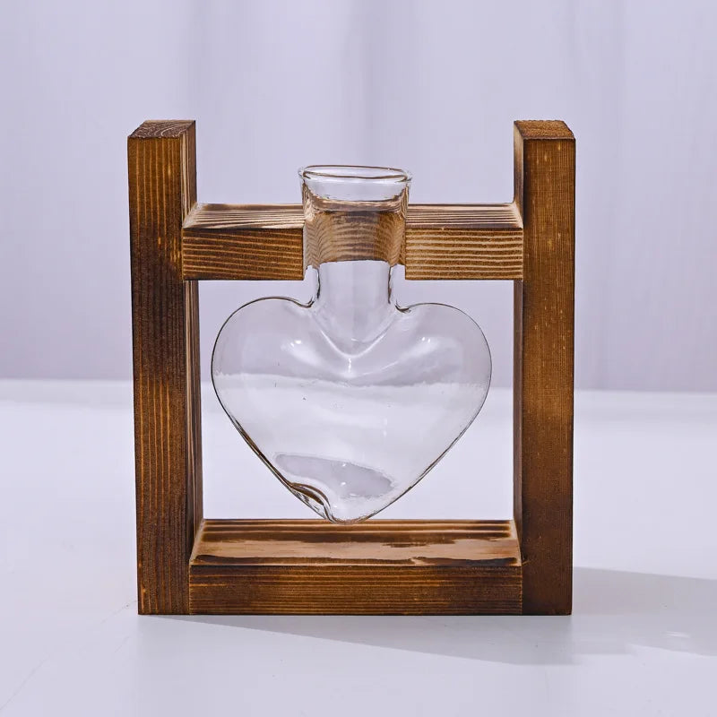 Heart-Shaped Hydroponic Glass Vase with Wooden Stand
