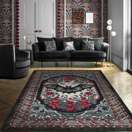 Gothic Bat Welcome Mat – Black & Wine Red Victorian Rug