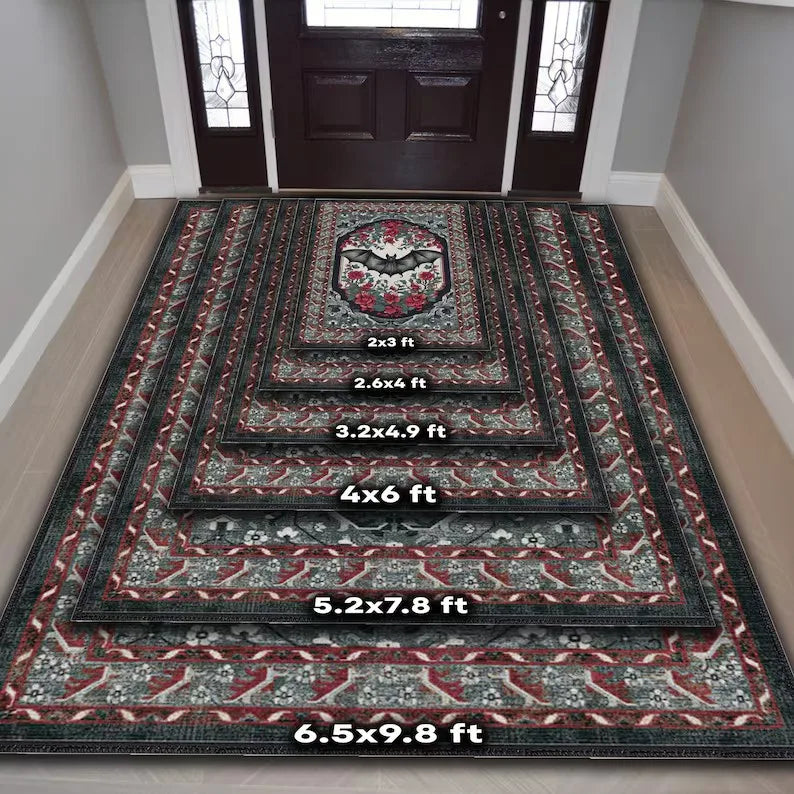 Gothic Bat Welcome Mat – Black & Wine Red Victorian Rug