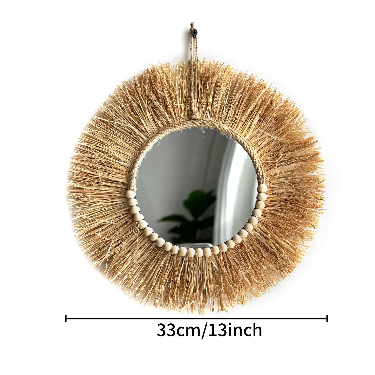 Natural Boho Mirror Wall Hanging – Handmade Raffia & Wood Bead Decor