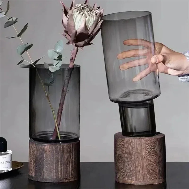 European Style Hydroponic Glass Vase with Wooden Base