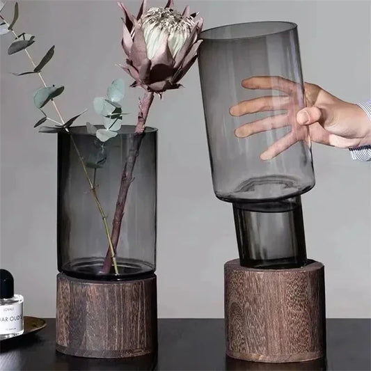 European Style Hydroponic Glass Vase with Wooden Base
